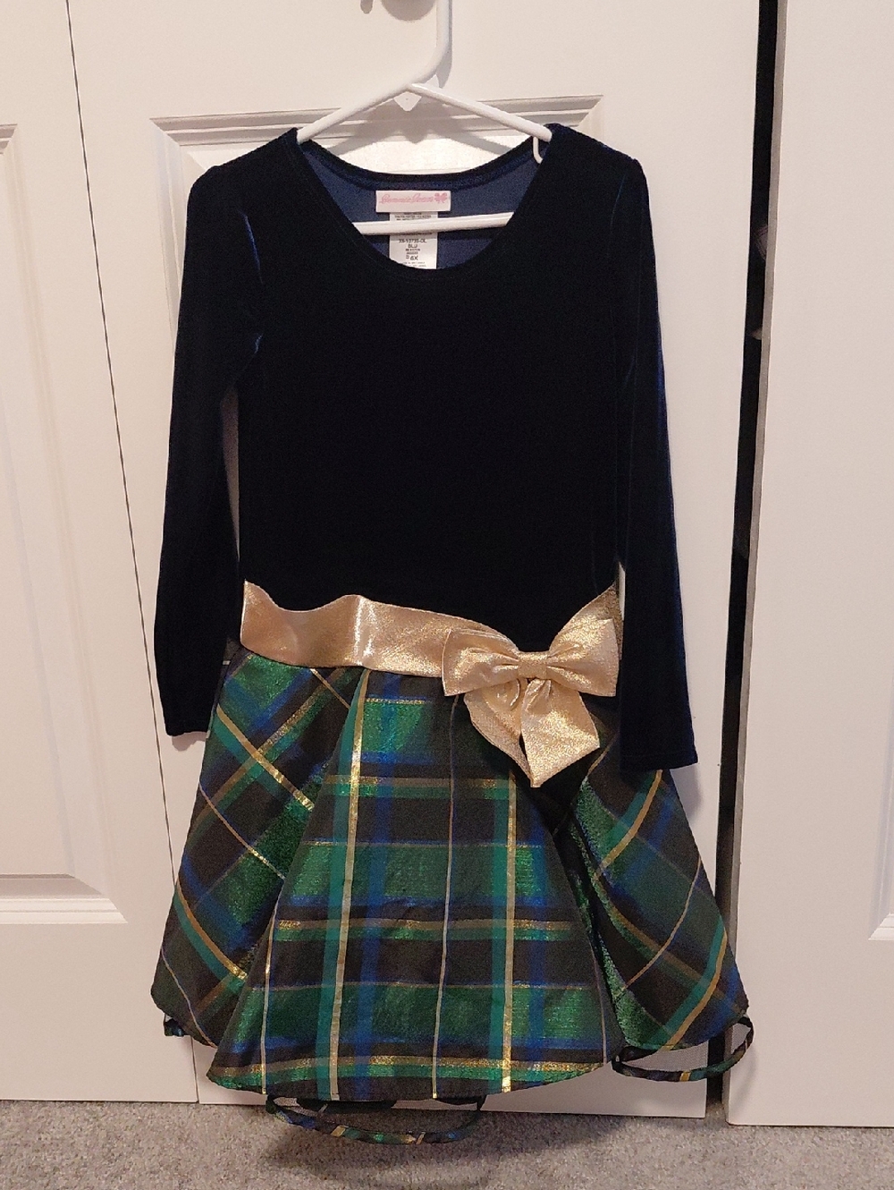 Bonnie Jean Black Velvet Top Green Plaid Skirt Dress with Gold Bow